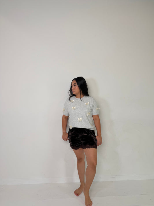Grey Ribbon Short Sleeve Knit Top Mable