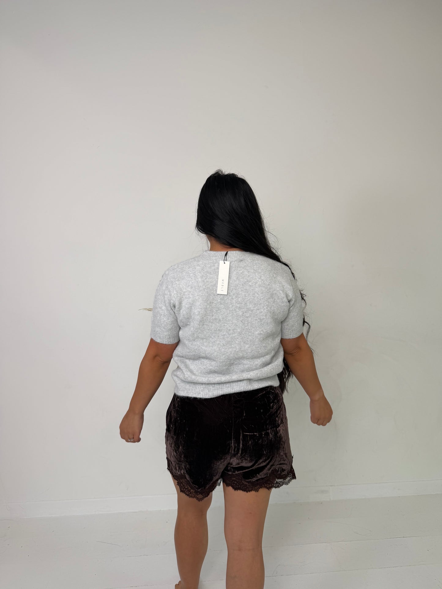 Grey Ribbon Short Sleeve Knit Top Mable