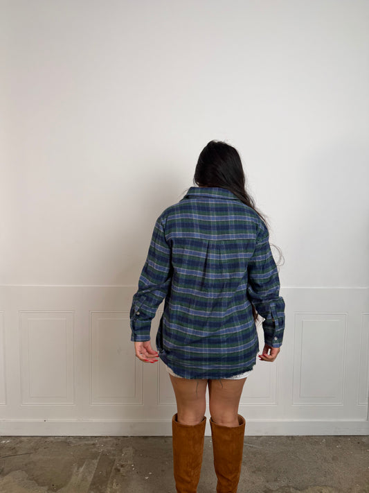 Navy Green Plaid Button