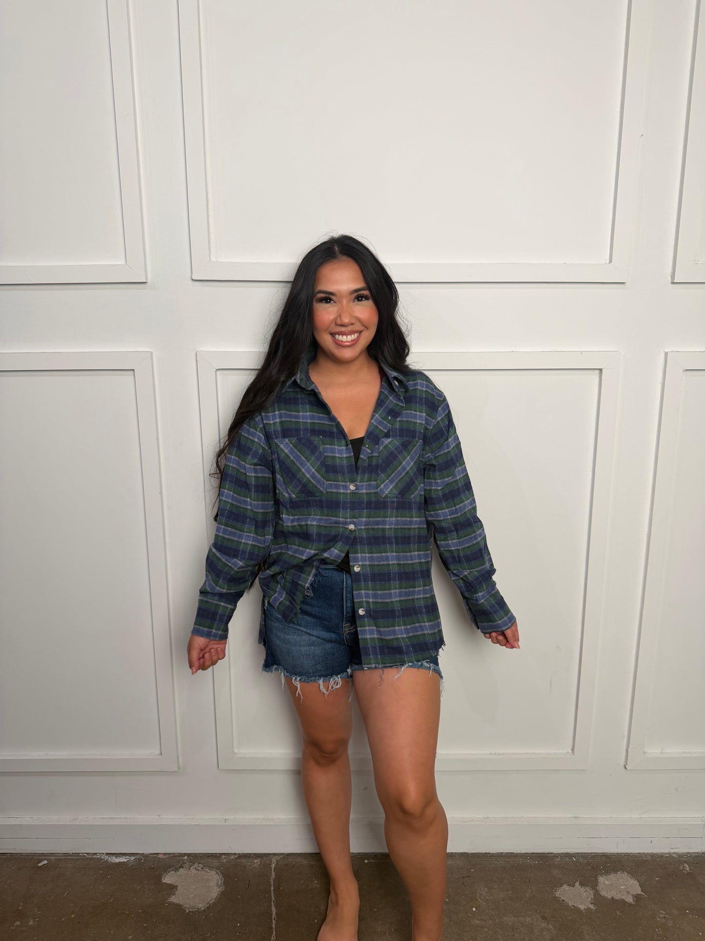 Navy Green Plaid Button