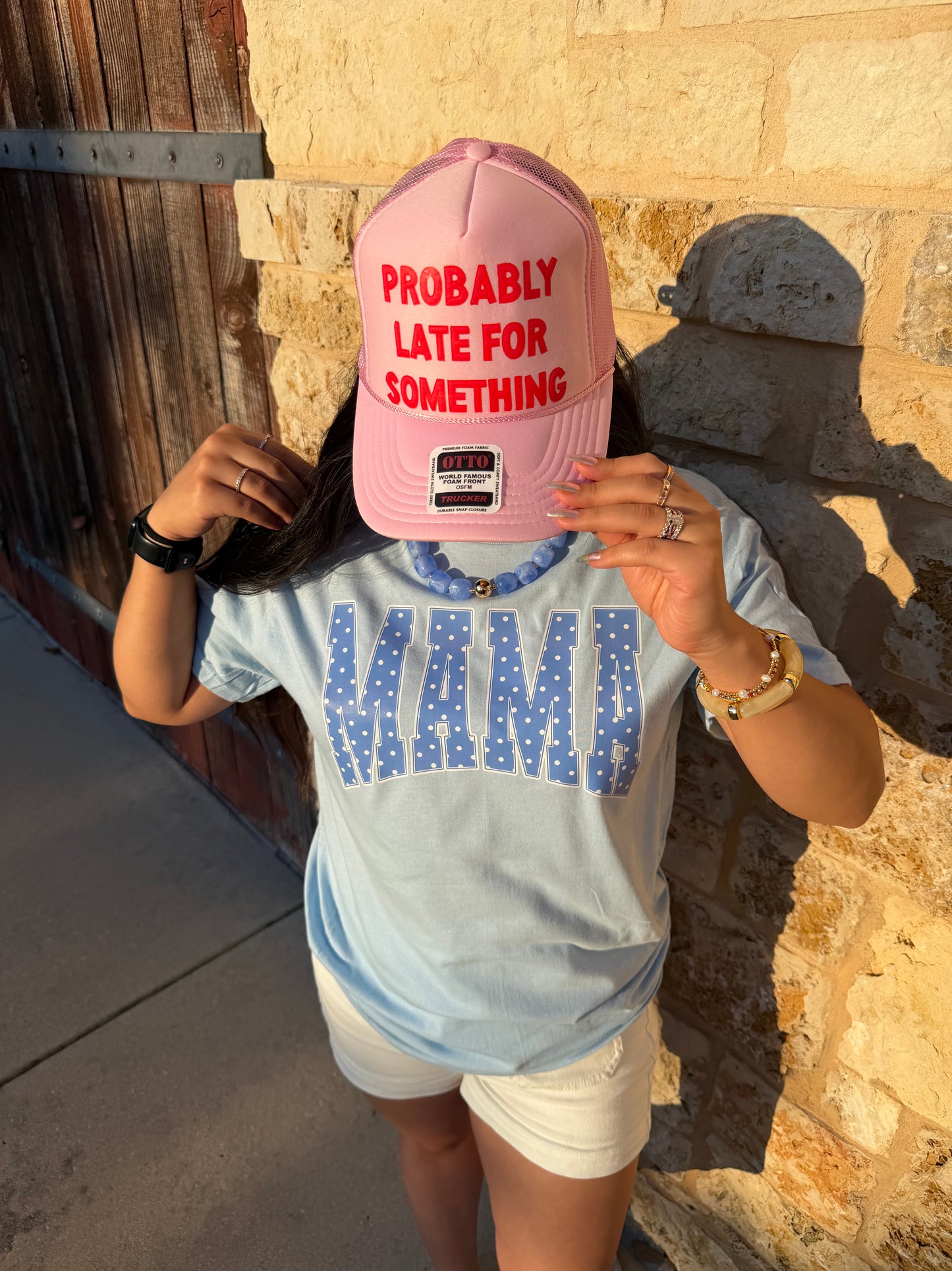 Probably late  for something pink trucker hat